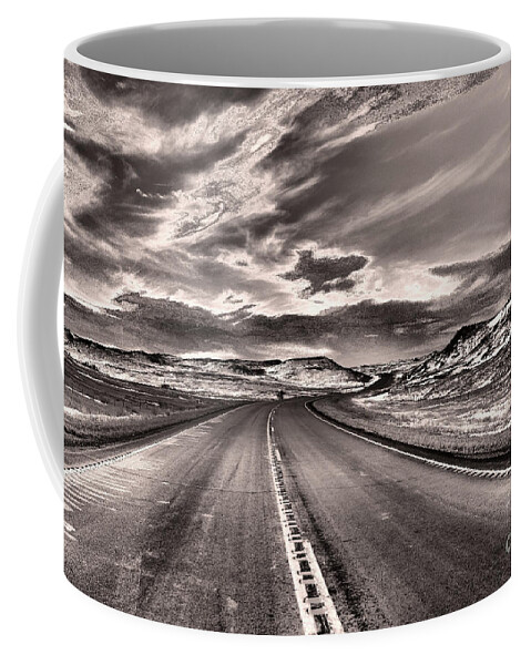  Road Coffee Mug featuring the photograph that long Lonely Road black and white by Jeff Swan