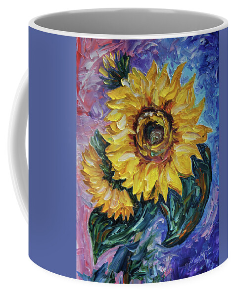 Olena Art Coffee Mug featuring the painting That Sunflower From The Sunflower State Palette Knife Technique by OLena Art