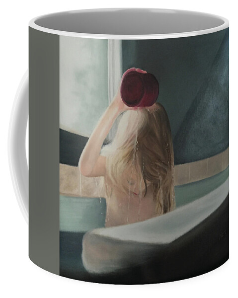 Child; Water; Bathing; Tub; Contemplation; Hair; Pouring Water Coffee Mug featuring the painting The Bath by Marg Wolf