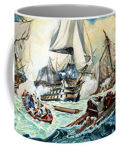 The Battle Of Trafalgar; Ships ;boats; Swimmers Coffee Mug featuring the painting The battle of Trafalgar by English School
