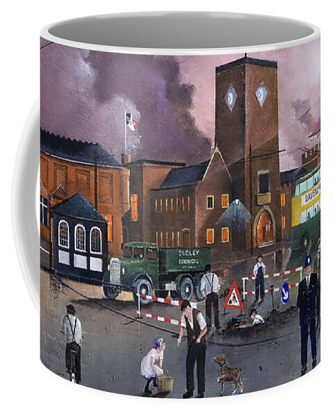 England Coffee Mug featuring the painting Dudley Trolley Bus Terminus 1950's - England by Ken Wood