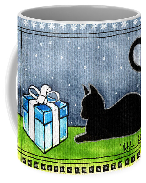 The Box Is Mine Coffee Mug featuring the painting The Box Is Mine - Christmas Cat by Dora Hathazi Mendes