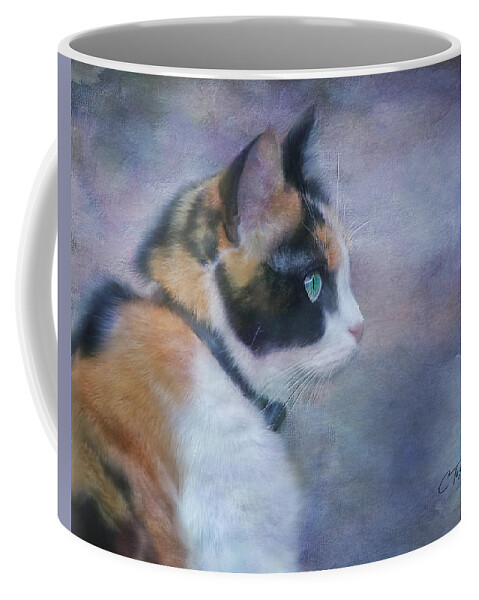 Cat Coffee Mug featuring the digital art The Calico Staredown by Colleen Taylor