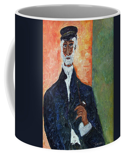 Katt Yanda Original Art Portrait Oil Painting Canvas Old Man Pipe Captain Coffee Mug featuring the painting The Captain by Katt Yanda