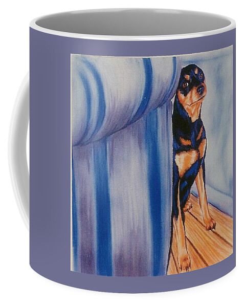 Minpin Coffee Mug featuring the pastel The Cat Did It by Barbara Keith