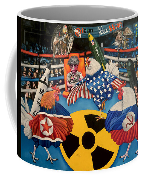 Political Painting Coffee Mug featuring the painting The Chickens Fight by O Yemi Tubi