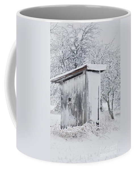 Outhouse Coffee Mug featuring the photograph The Coldest Fifty Yard Dash by Benanne Stiens