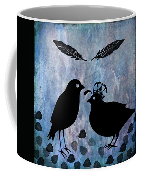 Bird. Silhouette. Black. Blue Coffee Mug featuring the digital art The Courtship Square by Lesa Fine