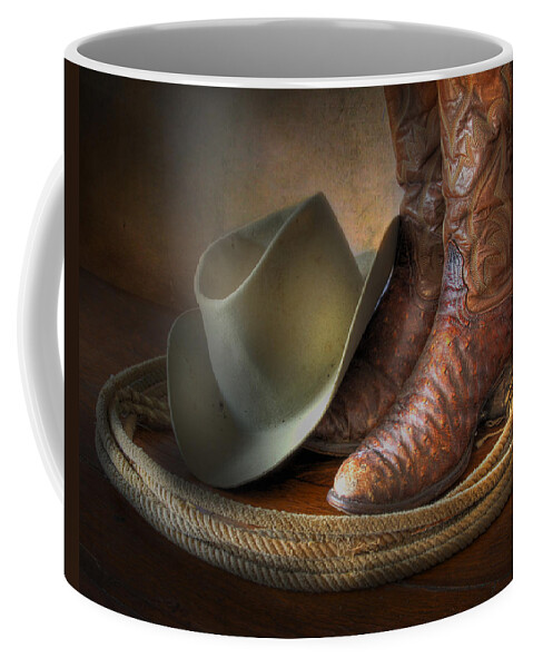 American Cowboy Coffee Mug featuring the photograph The Cowboy Boots, Hat and Lasso by David and Carol Kelly