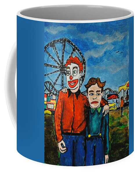 Clown Coffee Mug featuring the painting The Day Clowny Leaves for Clownshcool by Patricia Arroyo