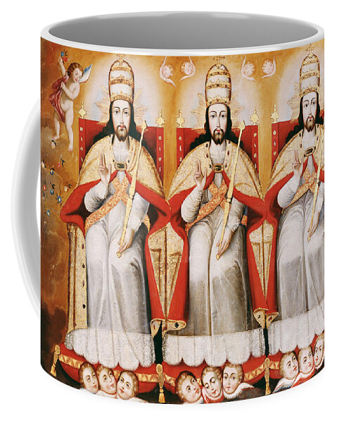 Cuzco School Coffee Mug featuring the painting The Enthroned Trinity as Three Identical Figures by Cuzco School