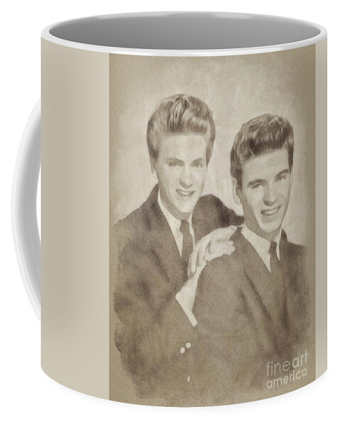 Hollywood Coffee Mug featuring the drawing The Everly Brothers, Music Legends by John Springfield by Esoterica Art Agency