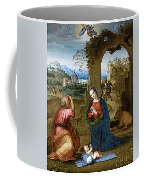 Ridolfo Ghirlandaio Coffee Mug featuring the painting The Holy Family with the Annunciation to the Shepherds beyond by Ridolfo Ghirlandaio
