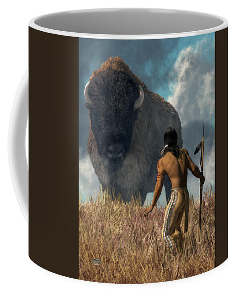 The Hunter And The Buffalo Coffee Mug featuring the digital art The Hunter and the Buffalo by Daniel Eskridge