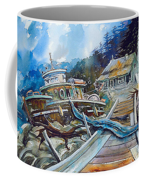 Boat Coffee Mug featuring the painting The Last Bastion..on the Beach by Ron Morrison