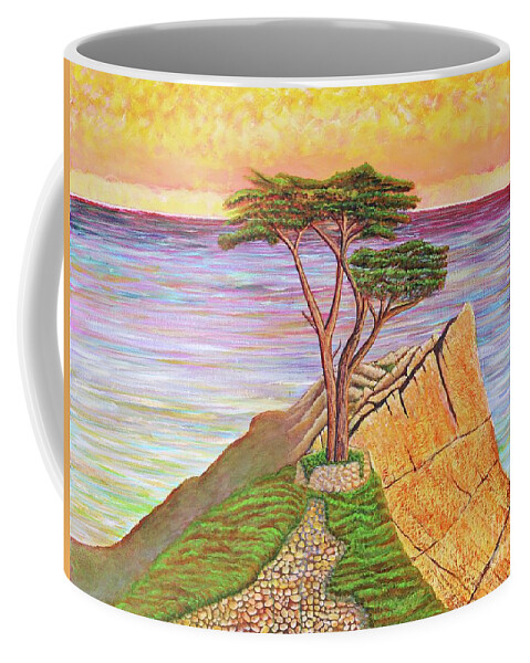 The Lone Cypress Tree Coffee Mug featuring the painting The Lone Cypress by Joseph J Stevens