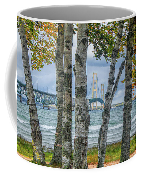 Art Coffee Mug featuring the photograph The Mackinaw Bridge by the Straits of Mackinac in Autumn with Birch Trees by Randall Nyhof