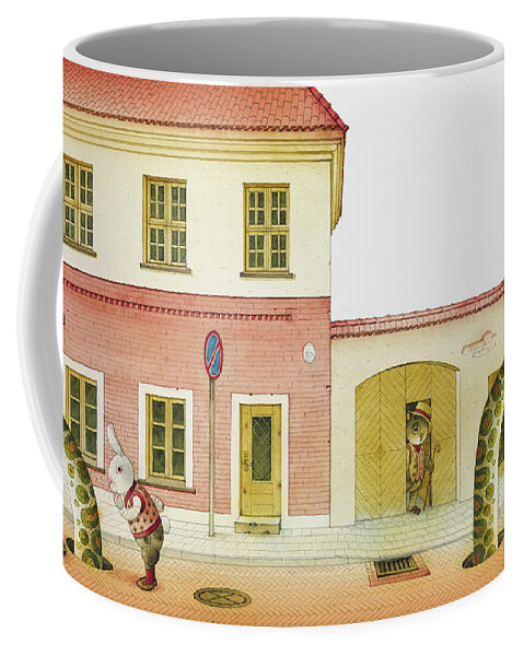 Snake Street Illustration Watercolor Children Book Old Town Rabbit Coffee Mug featuring the painting The Neighbor around the Corner04 by Kestutis Kasparavicius