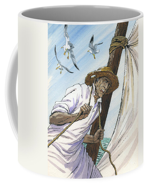 Ernest Hemingway Coffee Mug featuring the painting The Old Man and the Sea. Novel Illustration by Igor Sakurov