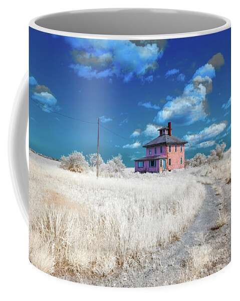 Hale Spectrum Halespectrum Halespectrum2.0 2.0 Clouds Cloudy Bush Bushes Trees Sky Grass Color Infrared Colour Ir Infra Red Outside Outdoors Nature Natural Partial Architecture Brian Hale Brianhalephoto Ma Mass Massachusetts U.s.a. Usa The Pink House Cape Elizabeth Plum Island Double Exposure Iconic Historic Coffee Mug featuring the photograph The Pink House in HaleSpectrum 2 by Brian Hale