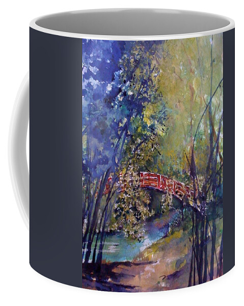 Red Bridge Coffee Mug featuring the painting The Red Bridge by Robin Miller-Bookhout