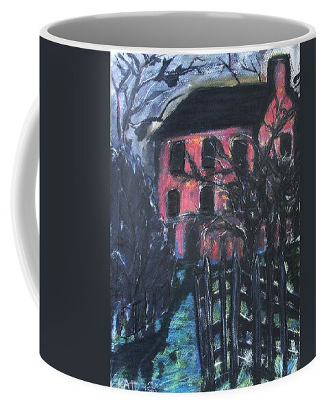 Original Art Pastel Chalk Drawing Red House Tree Fence Coffee Mug featuring the pastel The Red House by Katt Yanda