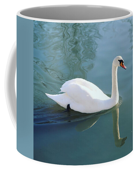 Bird Swan Wildlife Waterfront Water Reflection Outdoors Nature Landscape Norway Scandinavia Europe Outdoors Coffee Mug featuring the digital art The Reflection of a Swan by Jeanette Rode Dybdahl