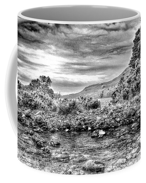 The English Lake District Coffee Mug featuring the photograph The Rocky Shores of Wastwater in Greyscale by Joan-Violet Stretch