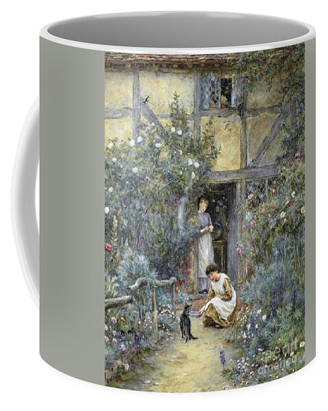 Helen Allingham - The Saucer Of Milk. Beautiful House Coffee Mug featuring the painting The Saucer of Milk by Helen Allingham