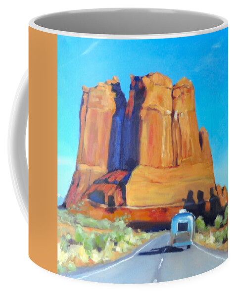 Airstream Art Coffee Mug featuring the painting The Shadow of the Three Gossips Arches Utah by Elizabeth Jose