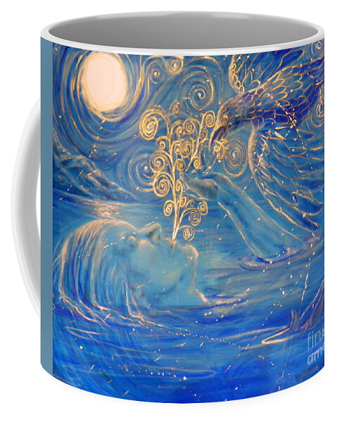 Blue Water Moon Light Shadow Dark Gold Reflection Shiny Bird Mountains Hands Landscape Surrealistic Allegory Woman Floating Stars Coffee Mug featuring the painting The Water Is Deep by Ida Eriksen