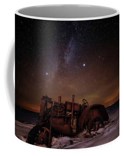 Astro Landscape Scenic Stars Milky Way Winter Antique Tractor Nd Night Night Sky Coffee Mug featuring the photograph The Witness by Peter Herman