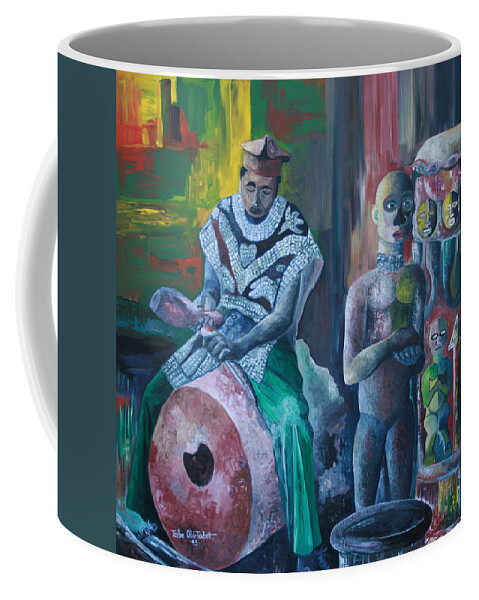The Woodcarver Coffee Mug featuring the painting The Woodcarver by Obi-Tabot Tabe