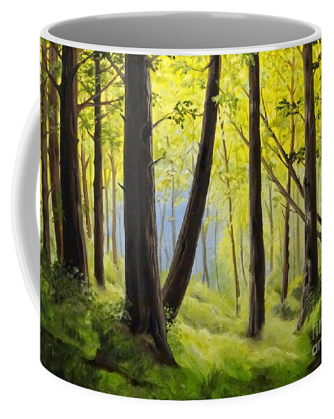 Trees Landscape Colour Light Shadow Bushes Leaves Grass Moss Yellow Green Brown Blue Bright Branches Dark Woods Forest Coffee Mug featuring the painting The Woods by Ida Eriksen