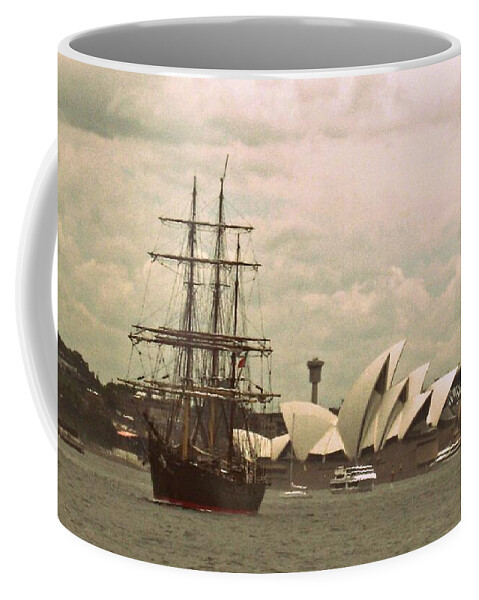 Tall Ship Coffee Mug featuring the mixed media Now And Then by Leanne Seymour