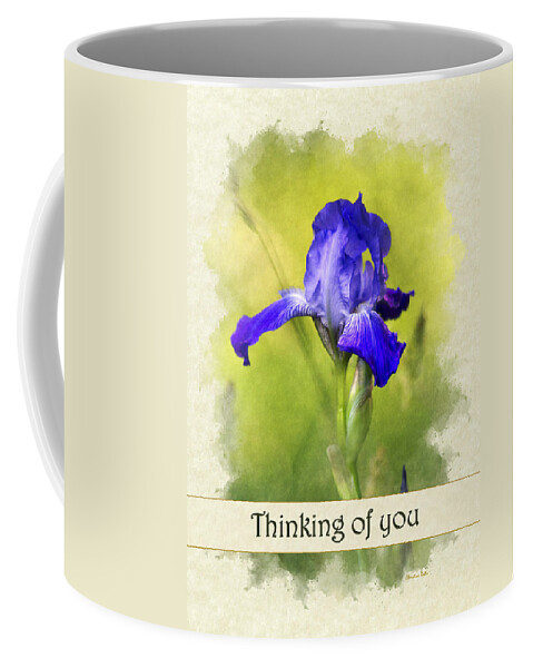 Thinking Of You Coffee Mug featuring the mixed media Thinking of You Iris Flower Greeting Card by Christina Rollo