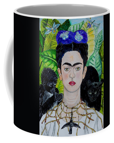 Frida Kahlo Coffee Mug featuring the mixed media Thorn Necklace and Hummingbird after Frida Kahlo by Betty-Anne McDonald