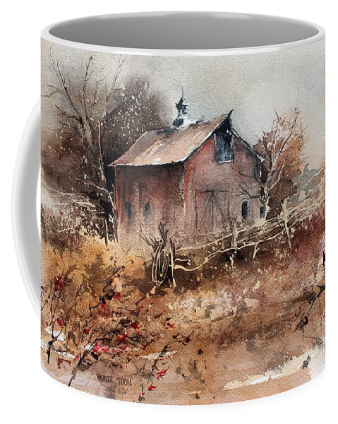 A Weathered Barn Sets In The Fields Of Autumn Color Coffee Mug featuring the painting Thoughts Of Autumn by Monte Toon