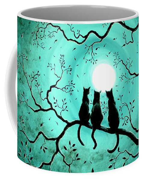 Black Coffee Mug featuring the painting Three Black Cats Under a Full Moon by Laura Iverson