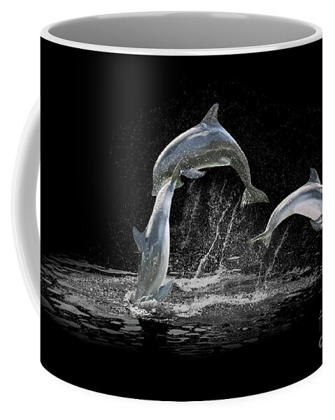 Dolphin Coffee Mug featuring the digital art Three Dolphin jumping by Benny Marty