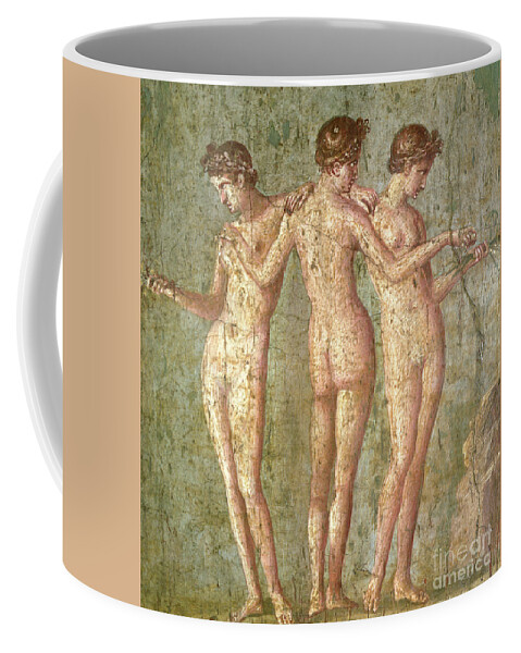 Roman Coffee Mug featuring the painting Three Graces, from Pompeii, fresco, Roman, 1st century AD by Roman School