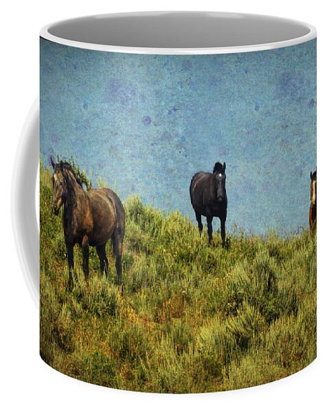 Horses Coffee Mug featuring the photograph Three Horses In Montana by Peggy Dietz