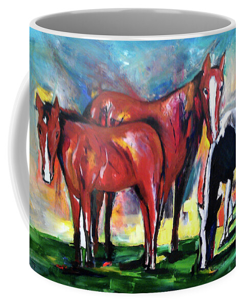 Horse Portraits Coffee Mug featuring the painting Three Horses Sunny Day by John Gholson