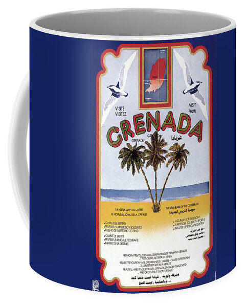 Grenada Coffee Mug featuring the painting Three palm trees on the sea shore in Grenada - Vintage Travel Poster by Studio Grafiikka