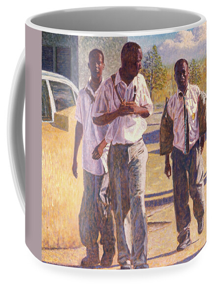 School Boys Coffee Mug featuring the painting Three School Boys by Ritchie Eyma