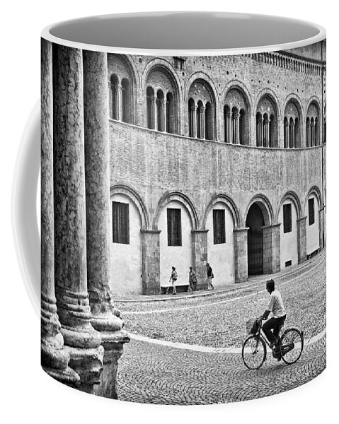 Black And White Coffee Mug featuring the photograph Three walking one biking by Silvia Ganora