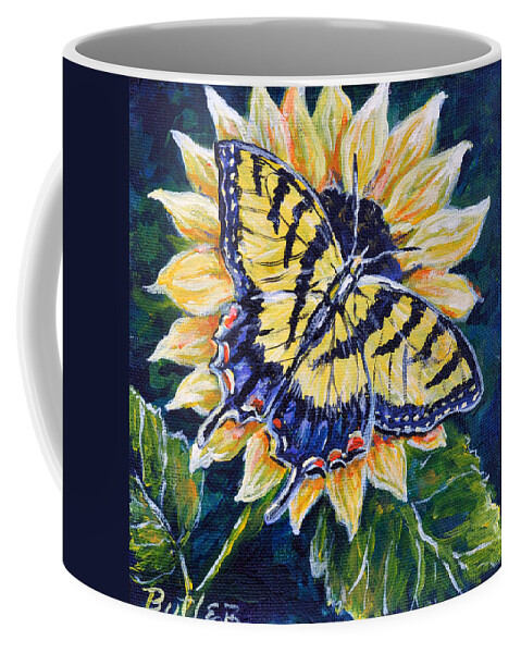 Butterfly Tiger Swallowtail Sunflower Nature Yellow Coffee Mug featuring the painting Tiger and Sunflower by Gail Butler