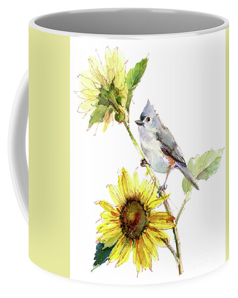 Titmouse With Sunflower Coffee Mug featuring the painting Titmouse with Sunflower by John Keeling