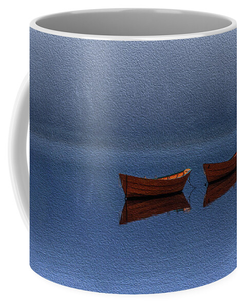 Dory; Boats; Amesbury; River; New England; Two; Duo; Relationship; Together; Inspiration; Inspire; Partnership; Orange; Calm; Still; Peaceful; Fog; Foggy; Mist; Isolate; Marriage; Togetherness; Tied; Ties; Port; Ocean; Mystery; Mysterious; Eerie; Rob Davies; Photography; Oil; Paint; Brush Coffee Mug featuring the photograph Together by Rob Davies