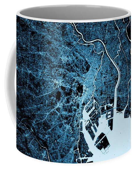 Tokyo Coffee Mug featuring the digital art Tokyo Abstract City Map Top View Dark by Frank Ramspott